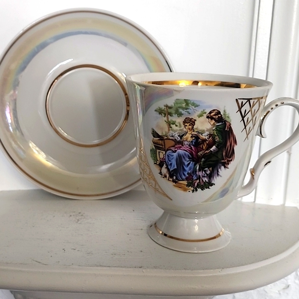 Rare Couples Blue Lusterware Demitasse Teacup and  Saucer (Japan)